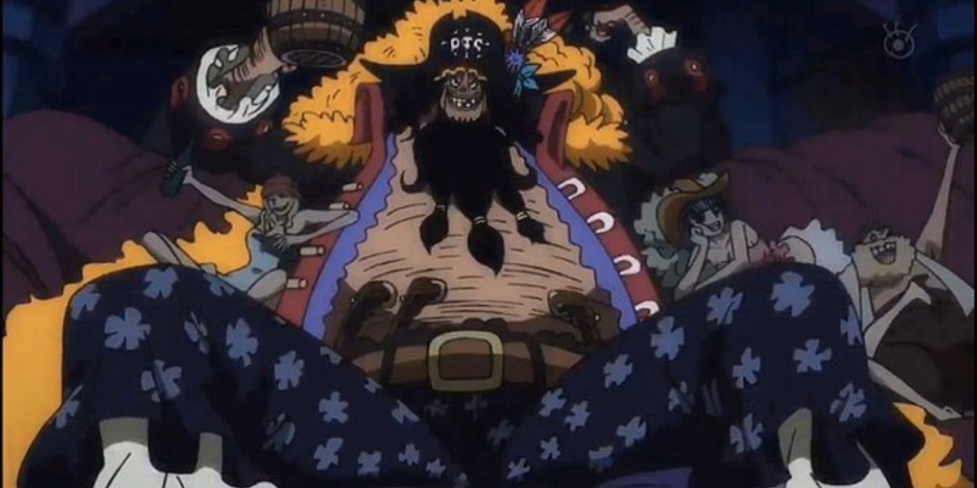 Blackbeard enjoying a drink with women in One Piece.