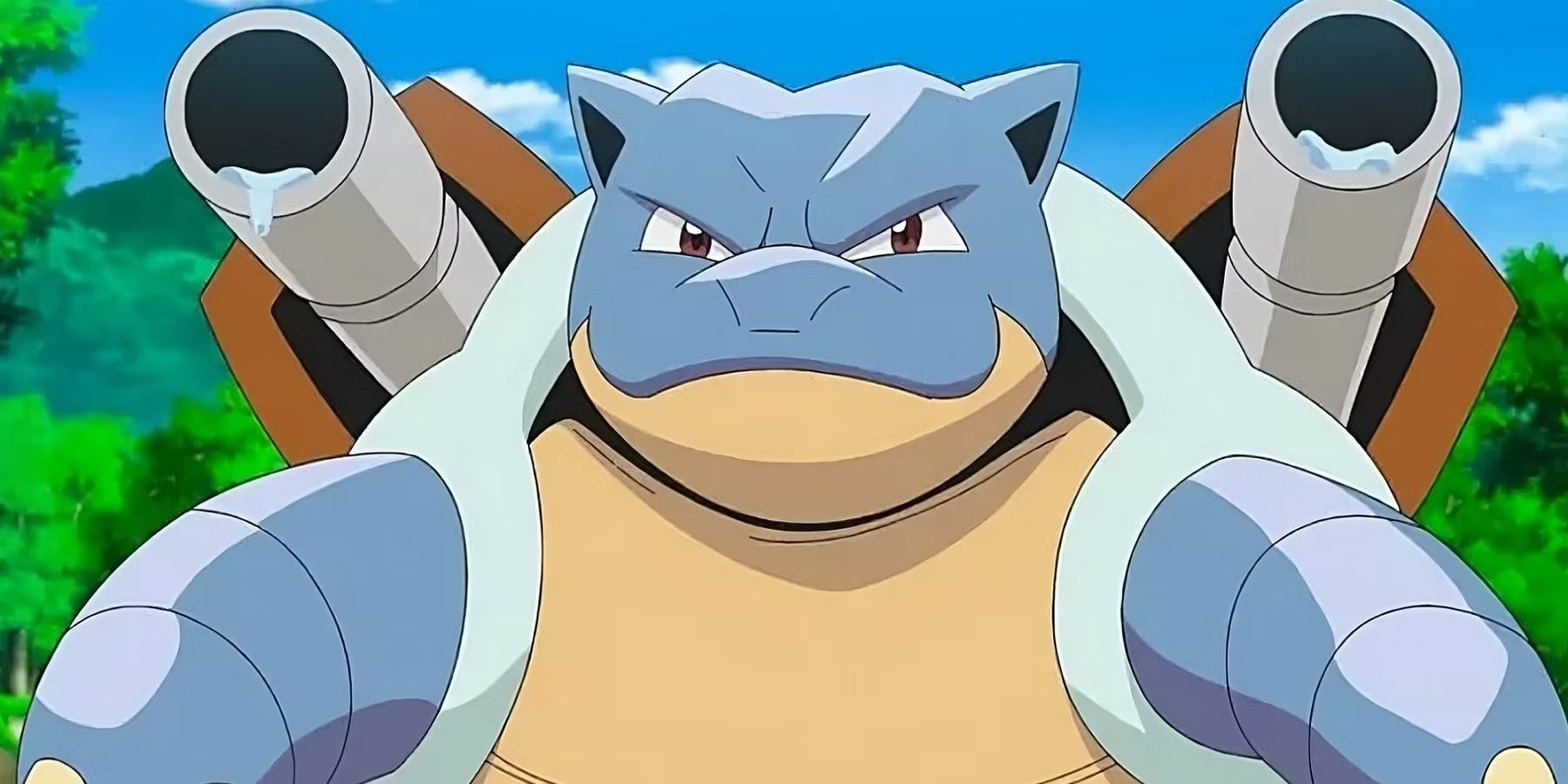 Blastoise es un Pokémon tortuga gigante de tipo agua que aparece en la serie de anime Pokémon y puede disparar un cañón desde su espalda.