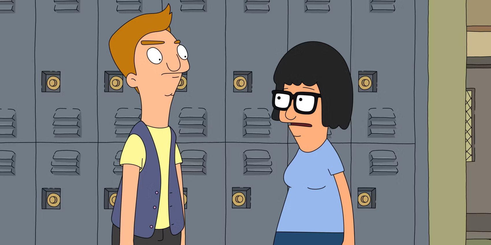 Jimmy Jr. and Tina Belcher talking in the hallway at school in Bob's Burgers