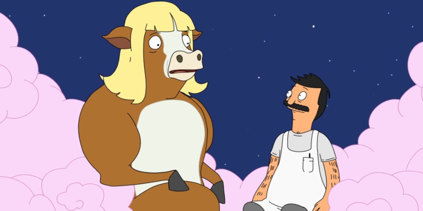 En Bob's Burgers, Bob habla con una vaca que lleva una peluca rubia en el cielo.