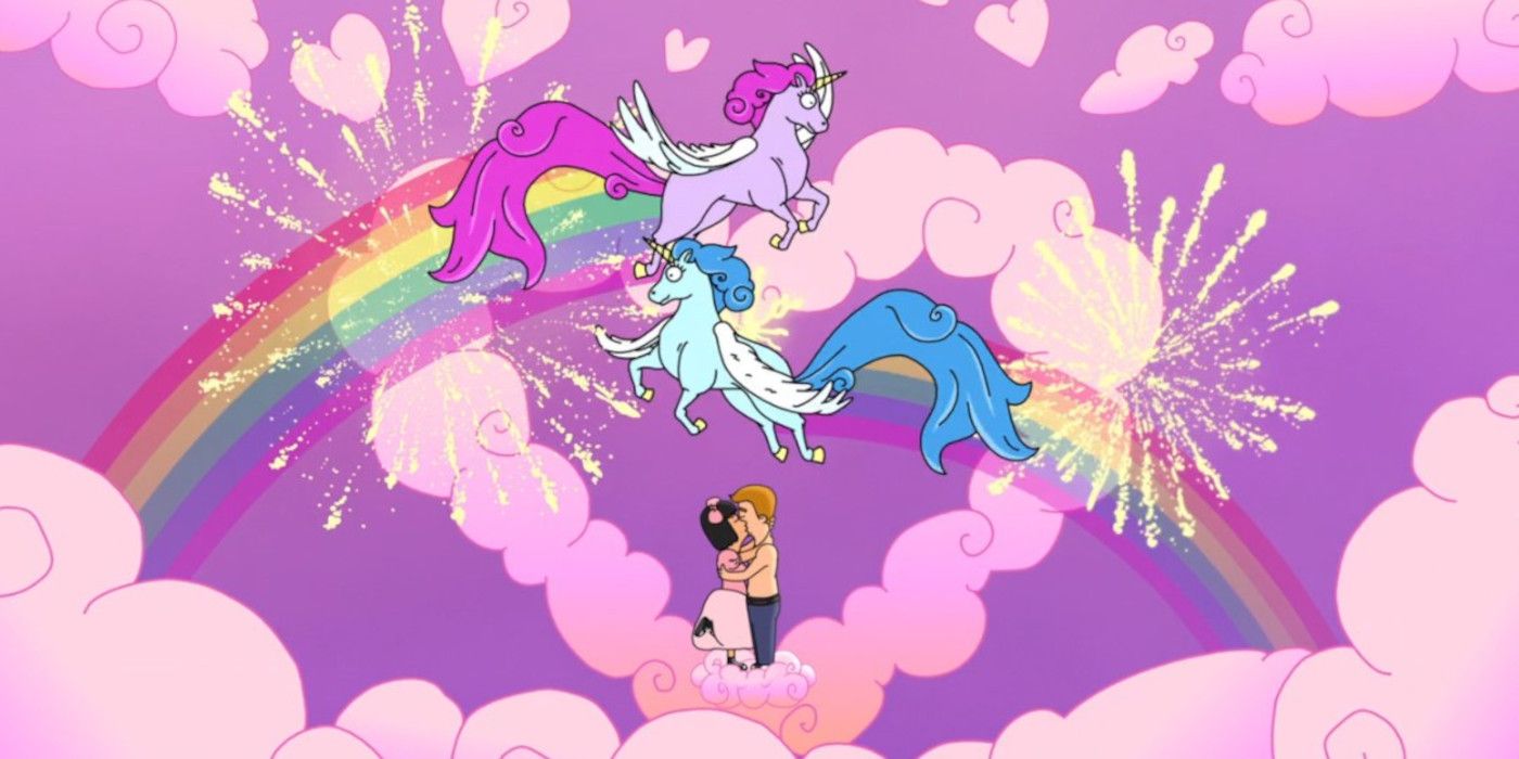 En Bob's Burgers, Tina ve un unicornio y un arco iris cuando besa a Jimmy Jr. por primera vez.