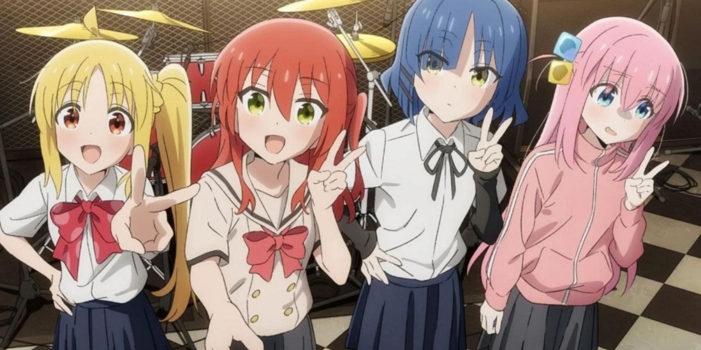 Nijika, Ikuyo, Ryou, and Hitori from Bocchi the Rock! throwing up a peace sign.