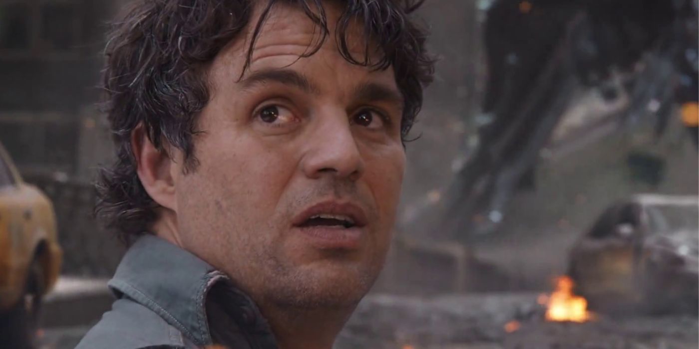 Bruce Banner looking over his shoulder at someone in Marvel's The Avengers.