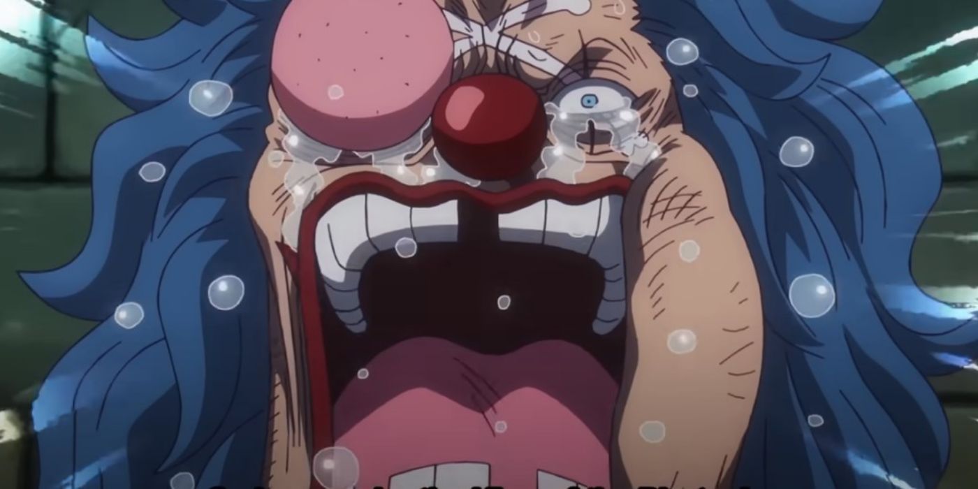 Buggy's severed and beaten up head proclaiming he wants to be king of the pirates in One Piece