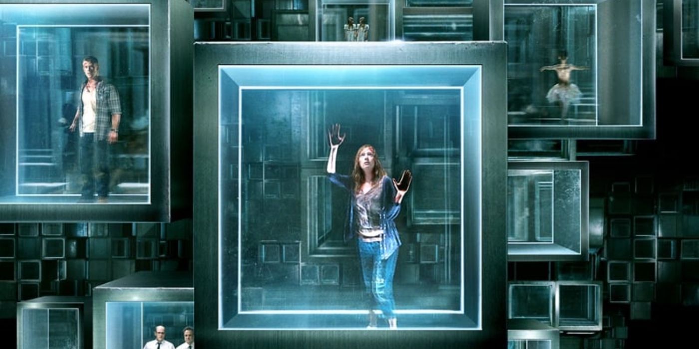 A poster for Cabin In The Woods shows people trapped in clear boxes.