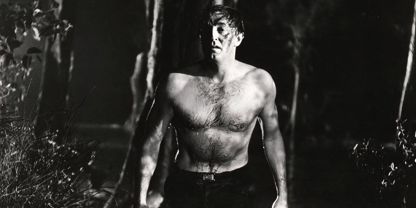 Max Cady sin camisa en el bosque de Cape Fear