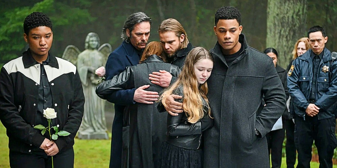 Eve, Vince, Sharon, Bode, Gen, and Jake crying at Cara's funeral in Fire Country Season 2 