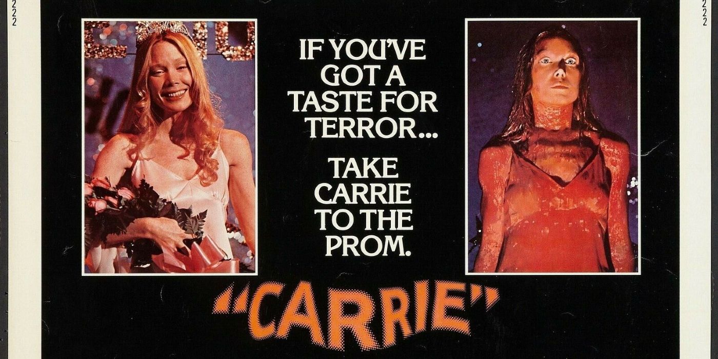 A poster for Carrie, one image of her with a crown and smiling and the other drenched in blood and angry.