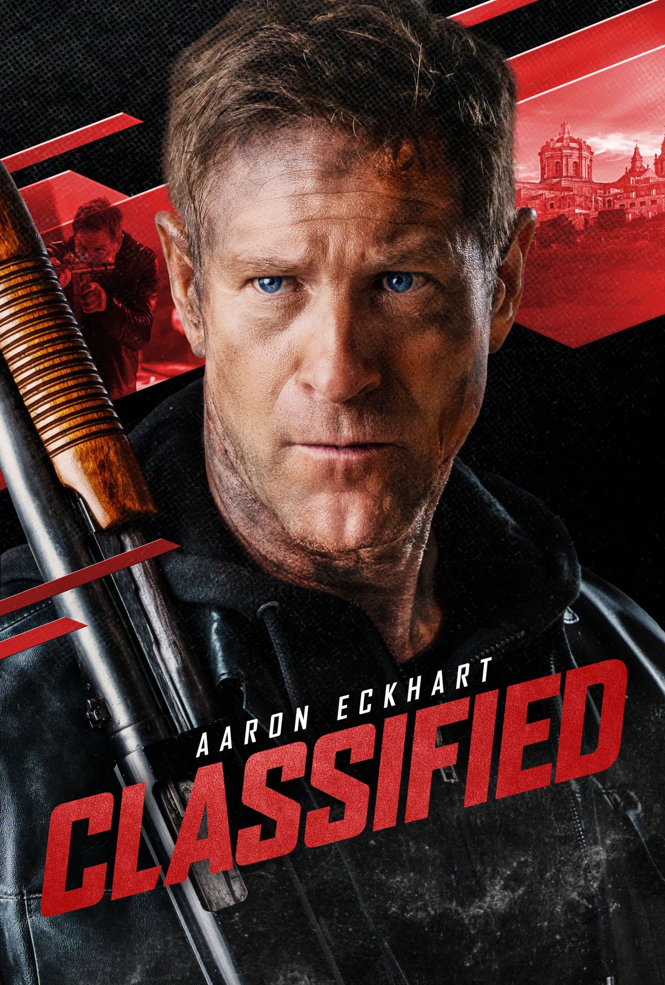 Aaron Eckhart is armed, dirty, and dangerous on the poster for Classified