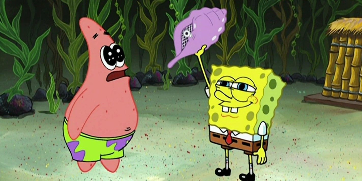 SpongeBob holds up the magic conch shell as Patrick stares in awe in SpongeBob SquarePants.