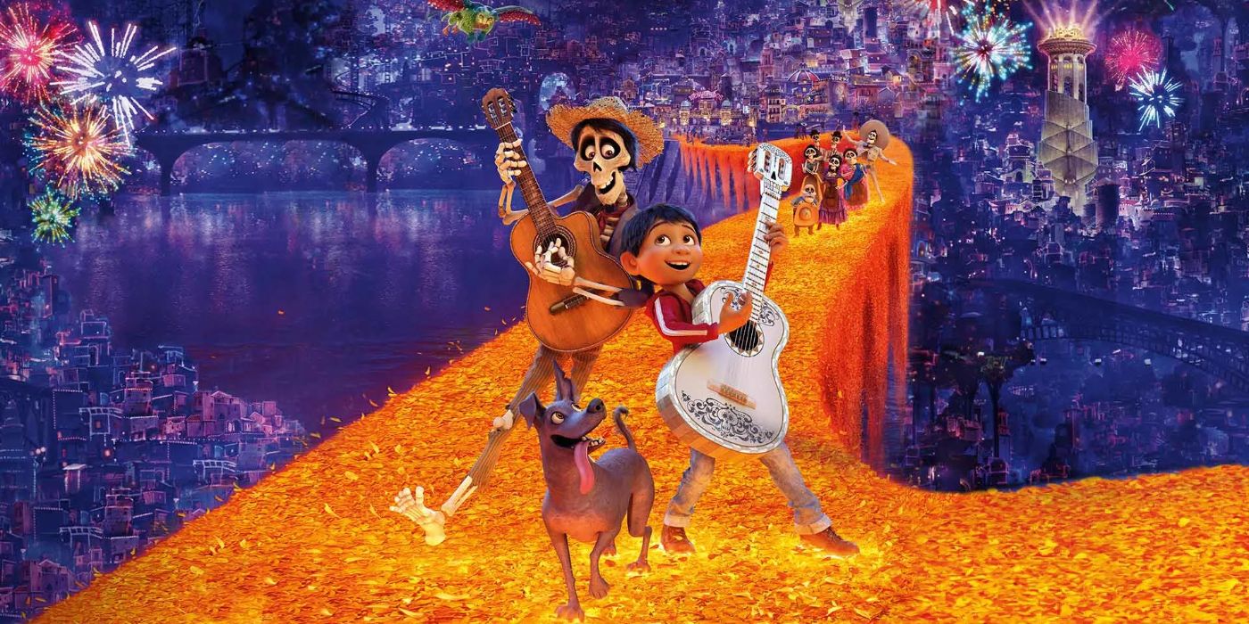 Hector and Miguel playing guitars while smiling with Dante the dog at their feet in Coco