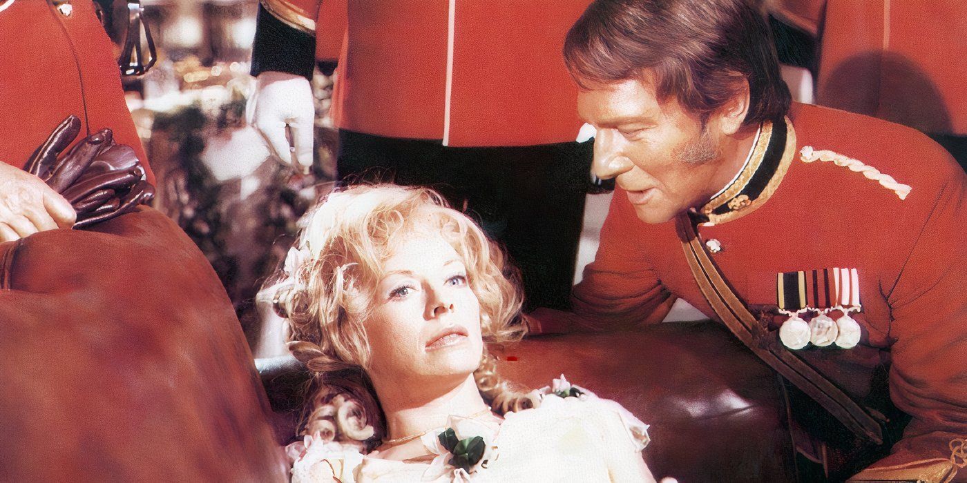 Christopher Plummer as Major Alastair Wimbourne watching over Susannah York as Mrs. Marjorie Scarlett as she lies on a sofa in Conduct Unbecoming