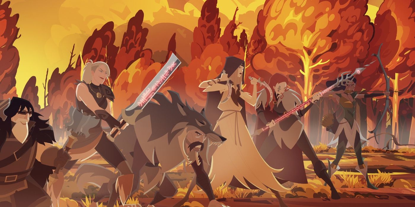 Characters from Twilight of the Gods stand against the forest, ready to fight