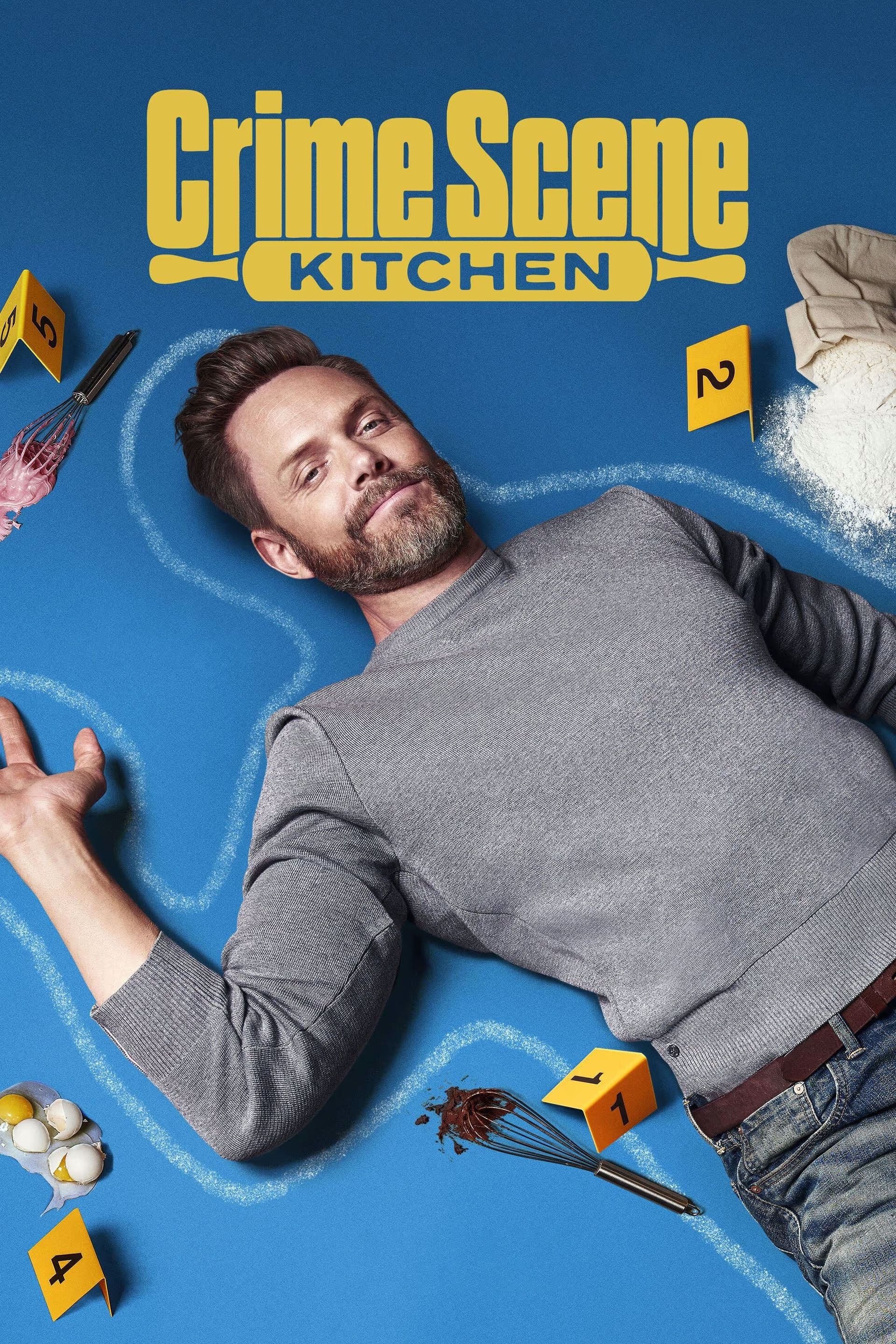 Joel McHale is on the ground within a chalk stencil in a poster for Crime Scene Kitchen Season 3.