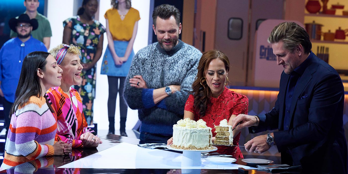 Joel McHale, Yolanda Gampp and Curtis Stone cut into a cake on Crime Scene Kitchen Season 3