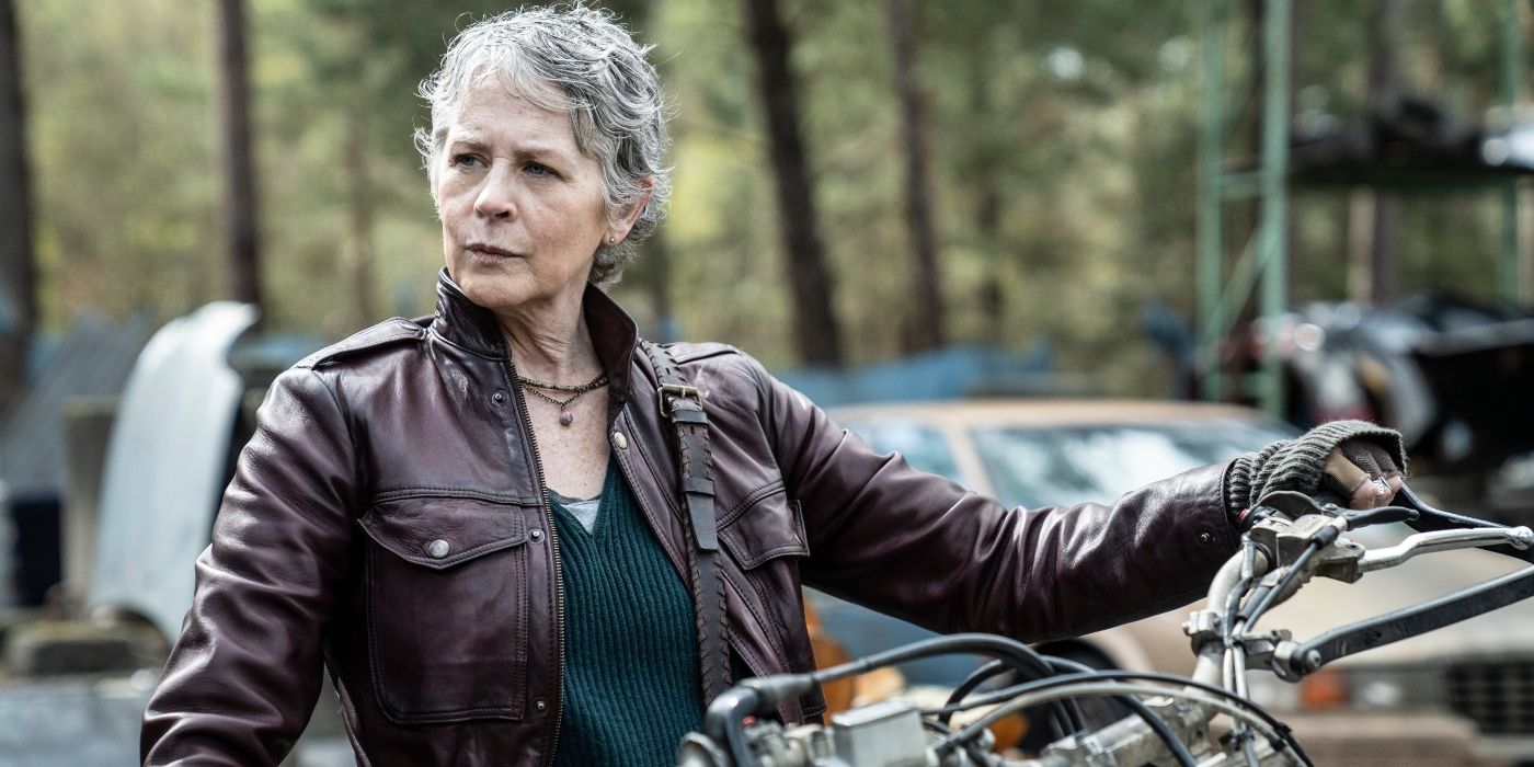 Melissa McBride on a motorcycle in Daryl Dixon Season 2 - The Book of Carol