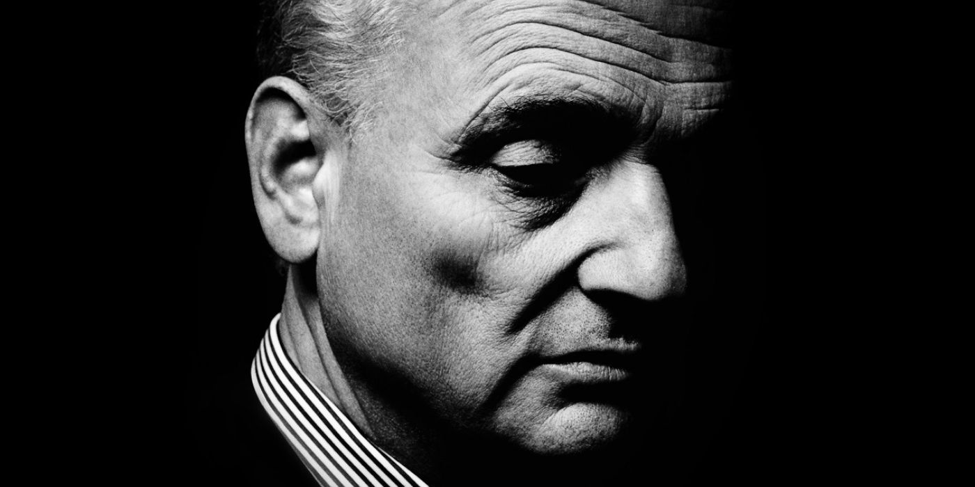 A black and white photo of David Chase on the poster for WISE GUY David Chase and the Sopranos.