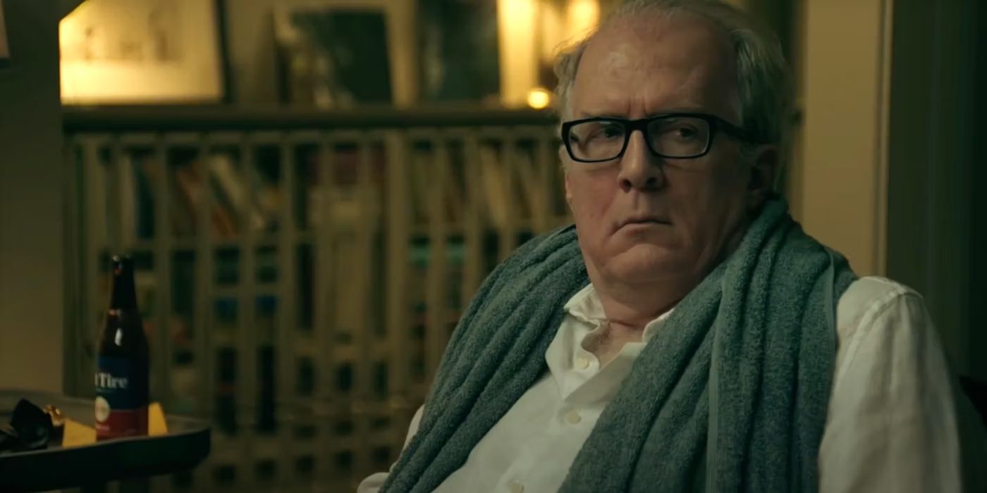 Don Wilson (Tracy Letts) sits worried with a towel draped over his shoulders in &lsquo;Deep Water&rsquo; (2022).
