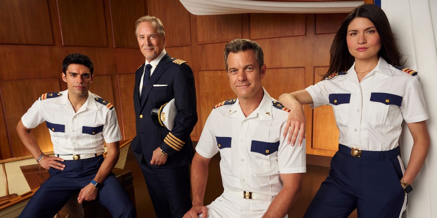 Joshua Jackson, Sean Teale, Phillipa Soo, and Don Johnson in their ship uniforms in Doctor Odyssey