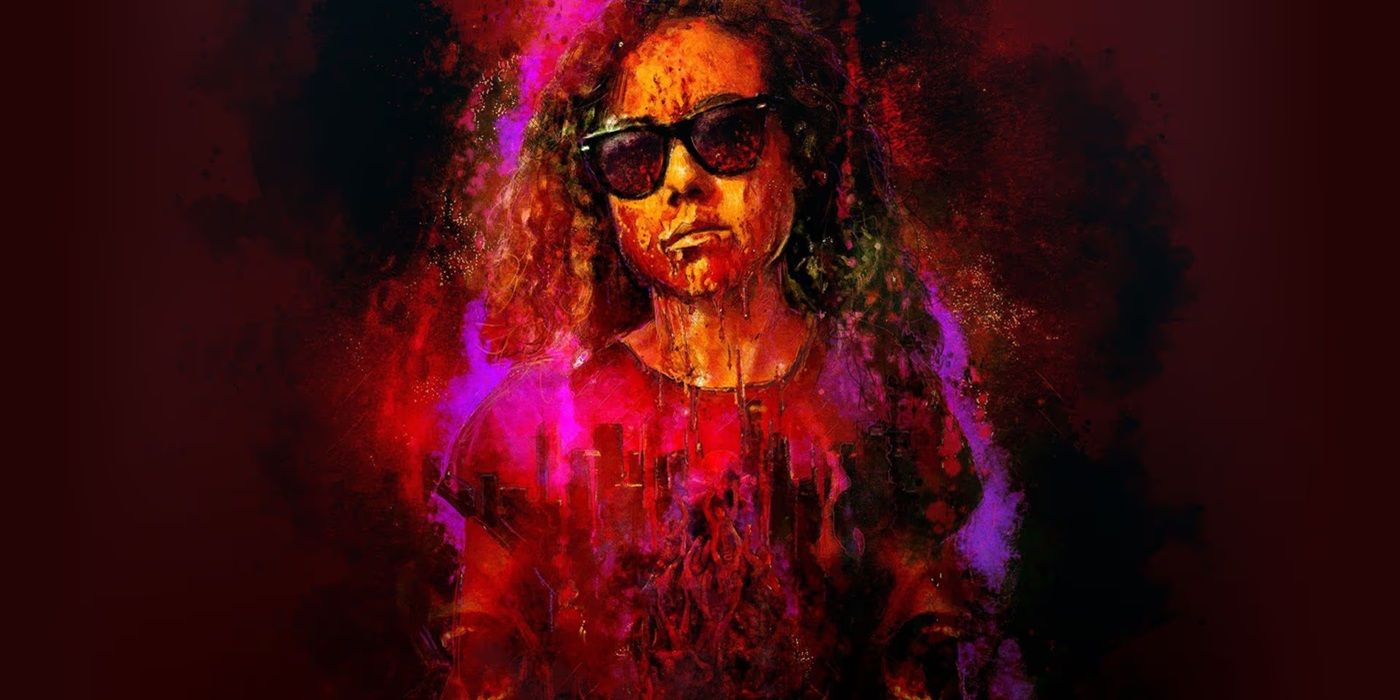 Dora Madison as Dezzy on a stylized and bloody, cropped poster for 2019&rsquo;s Bliss