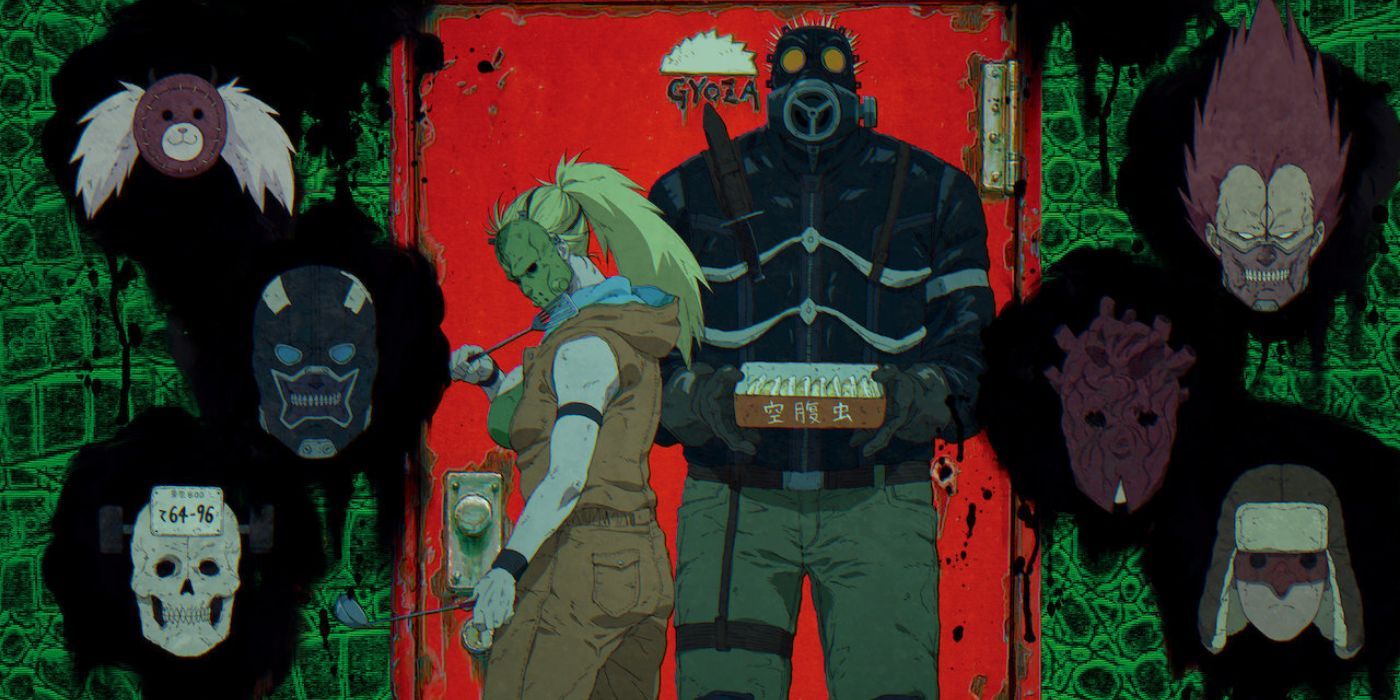 Caiman and Nikaido in masks with the cast's floating heads in Dorohedoro