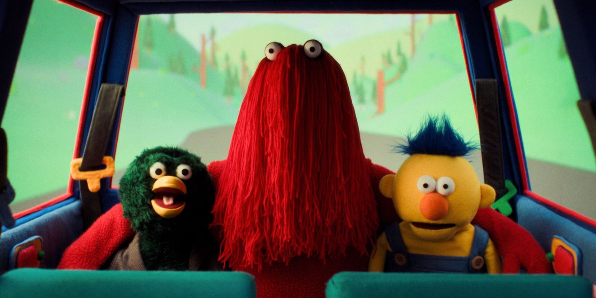 Duck, Red Guy, and Yellow Guy in a car in 'Don't Hug Me I'm Scared'