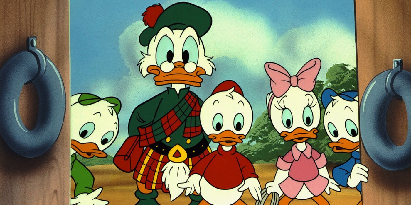 Scrooge McDuck with Webby and his newphews, Hewey, Dewey, and Lewey