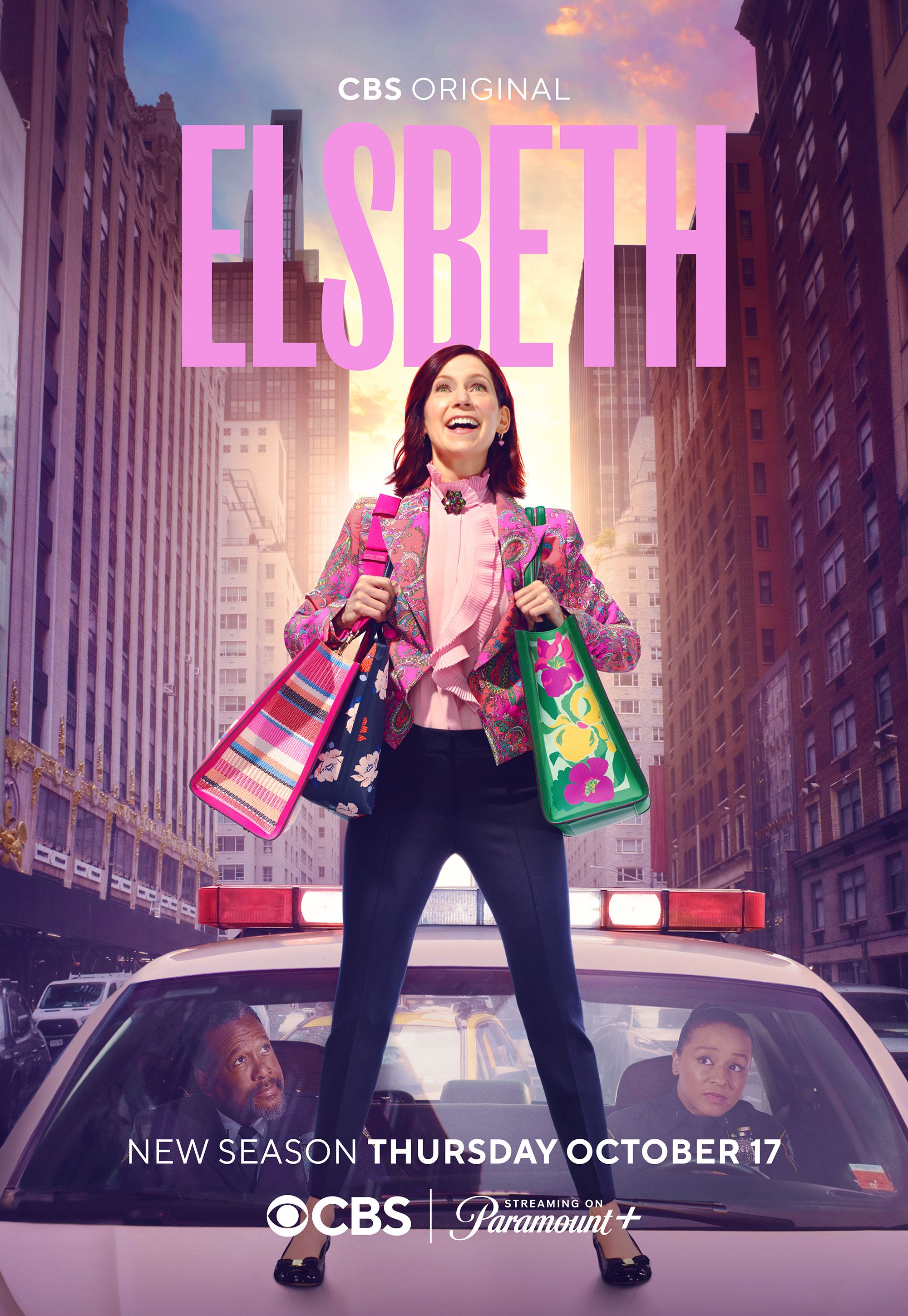 Carrie Preston stands on a police car in the first poster for Elsbeth Season 2 