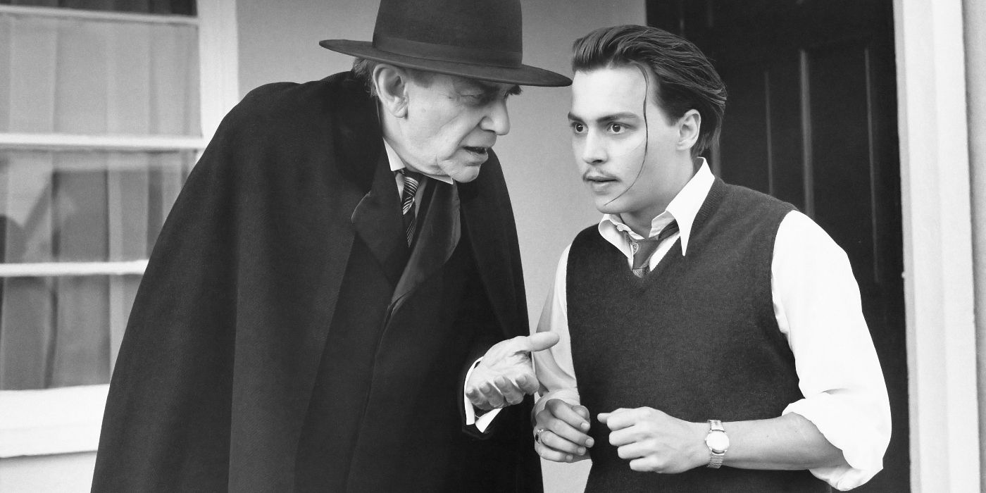 Johnny Depp as Ed Wood listening to Martin Landau as an aged Bela Lugosi in Ed Wood