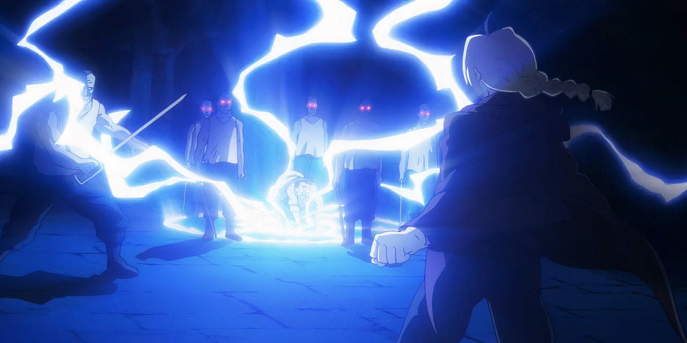 Edward Elric looking at a man emitting lightning in Fullmetal Alchemist: Brotherhood