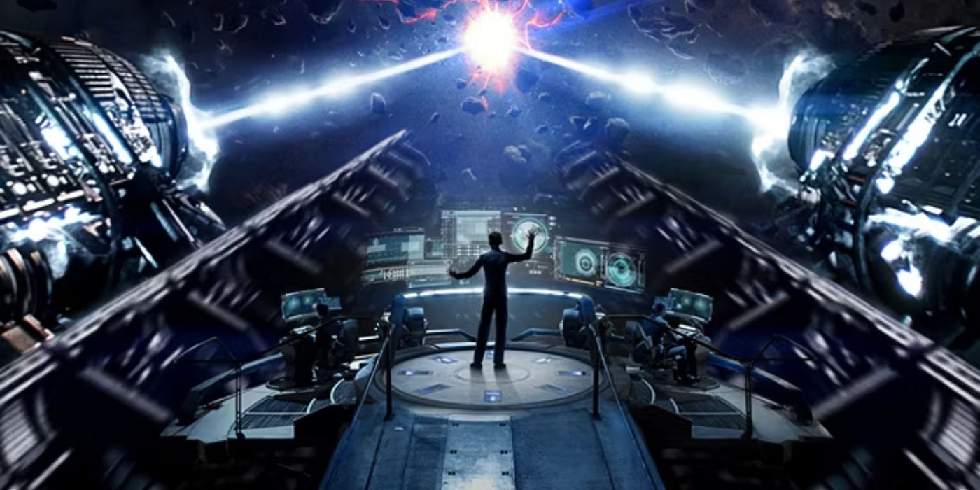 A Poster for Enders Game shows Ender standing on a platform firing high-powered weapons at an object. 