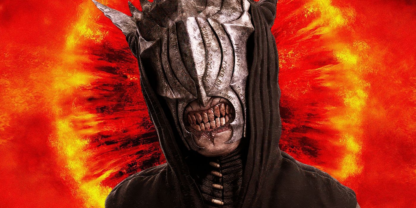 Blended image showing Sauron with his flaming eye on the background.