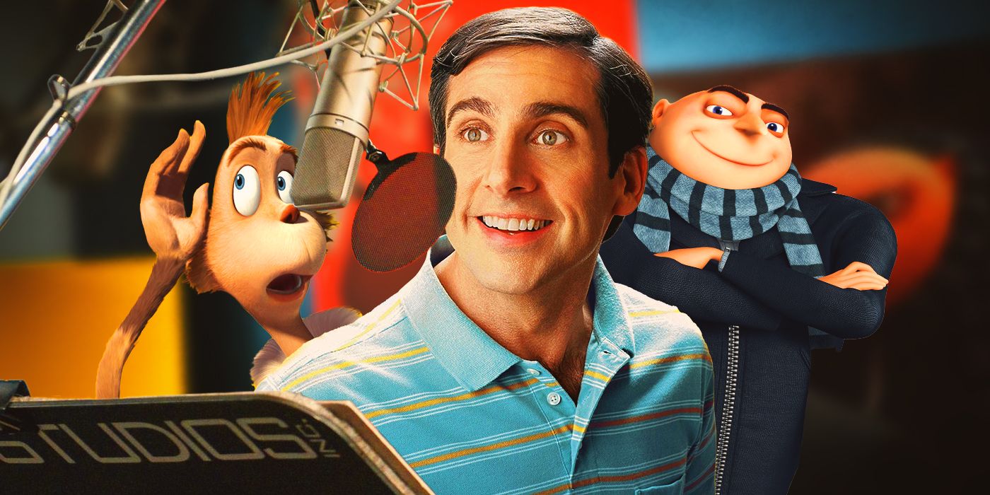 Blended image showing Steve Carrell smiling in front of a microphone with two animated characters in each side.