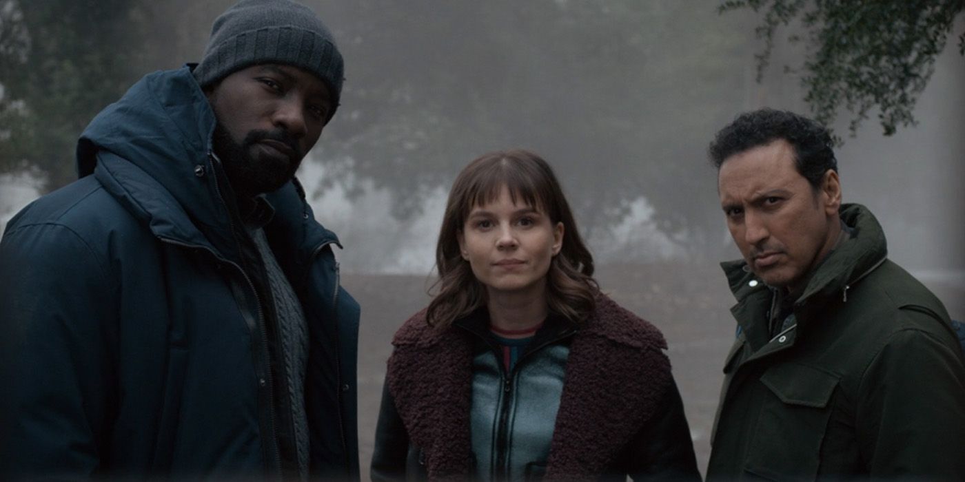 Mike Colter as David Acosta, Katja Herbers as Dr. Kristen Bouchard, and Aasif Mandvi as Ben Shakir arrive at the monastery in the 'Evil' episode "S Is for Silence."