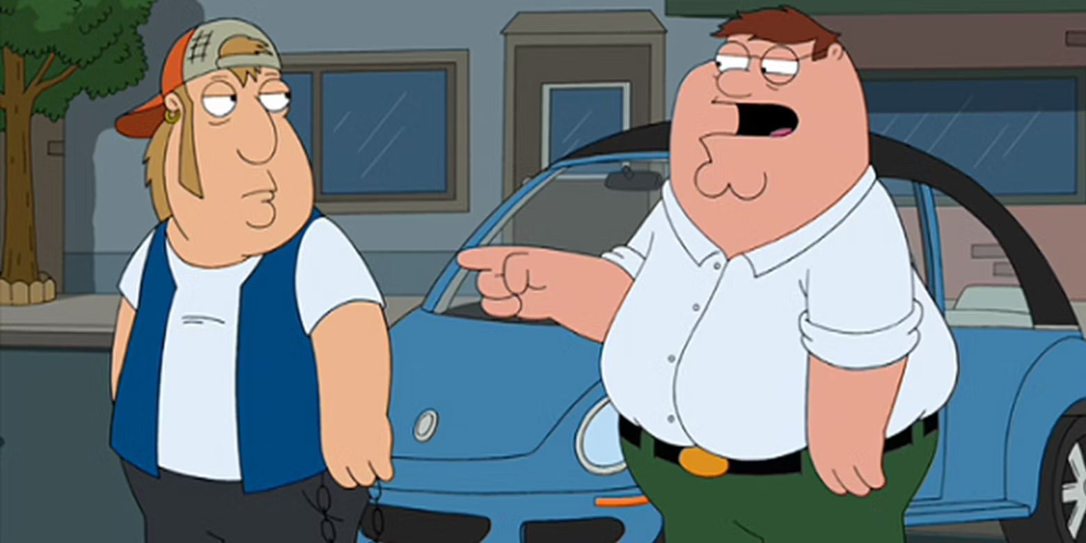 A drunken Peter Griffin pointing to gas station manager Carl next to a blue Volkswagen Beetle in Family Guy