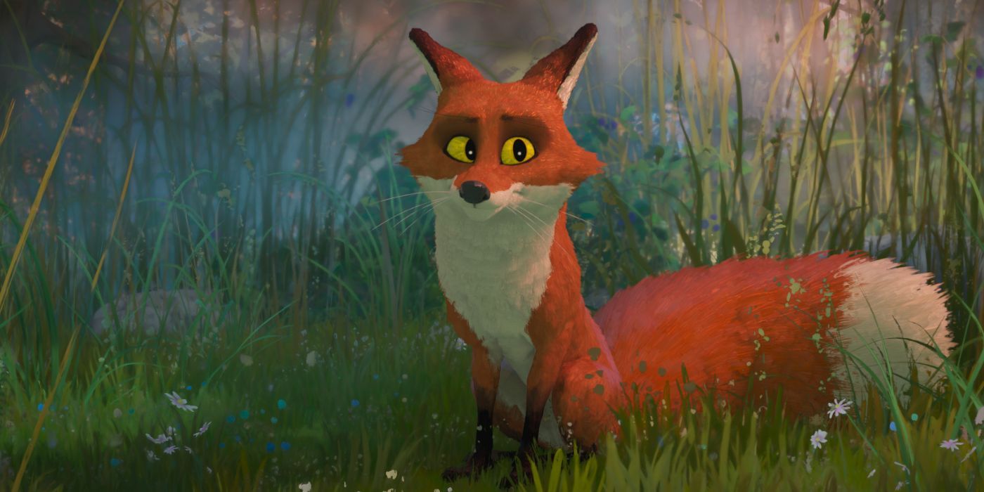 Fink the Fox sitting in tall grass in The Wild Robot.