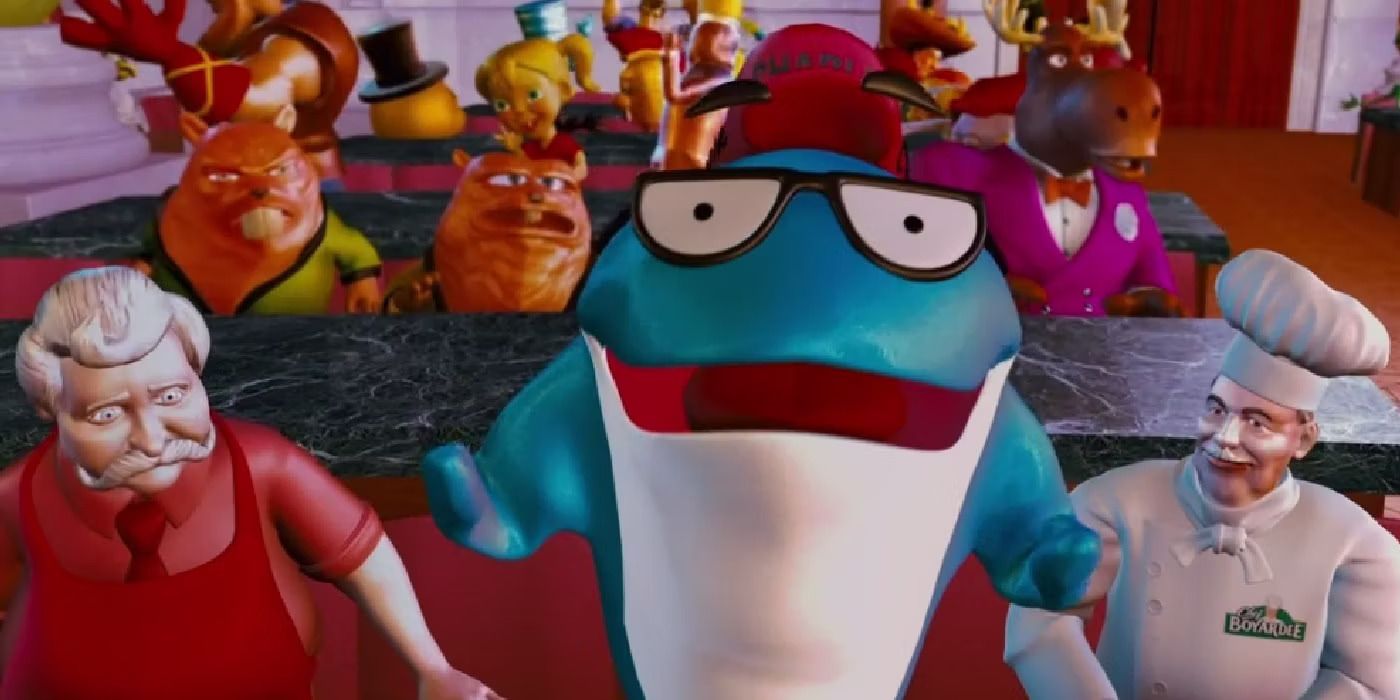 Charlie the StarKist Tuna standing around a group of other branded mascots, including Chef Boyardee, in 'Foodfight' (2012)