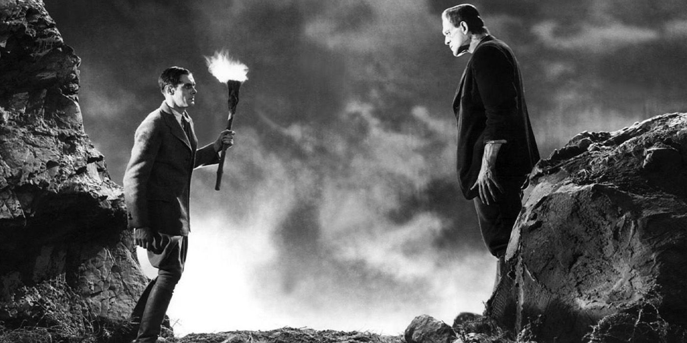 Henry Frankenstein (Colin Clive) faces his Monster (Boris Karloff) with a torch in &lsquo;Frankenstein&rsquo; (1931).