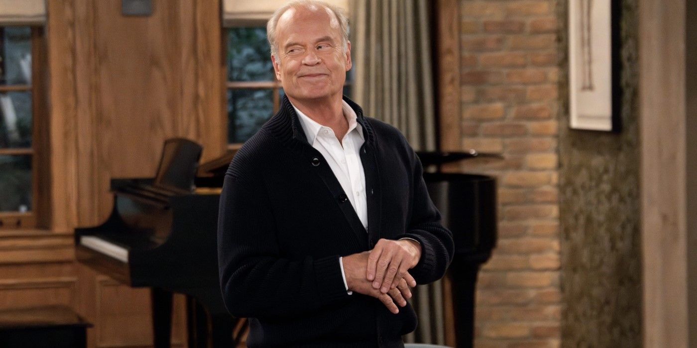 Frasier Crane (Kelsey Grammer) standing in front of a piano on 'Frasier'