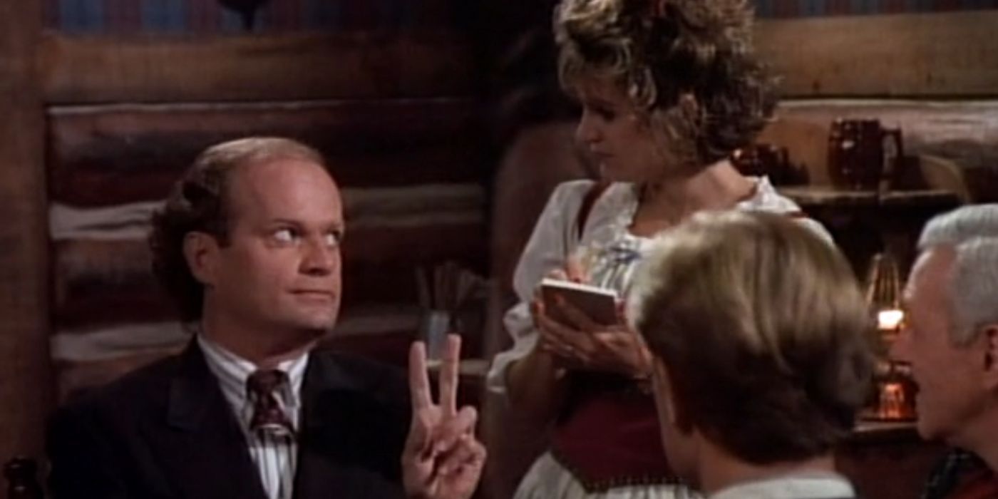 Frasier orders a drink from the waitress at The Timber, Martin&rsquo;s favorite restaurant.