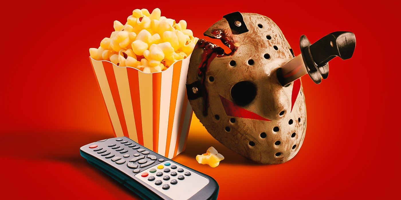 Jason Voorhees' hockey mask sits next to popcorn and a television remote