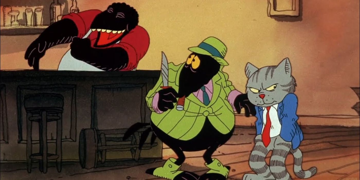 Fritz the Cat stands next to Duke the Crow while a Crow Bartender laughs