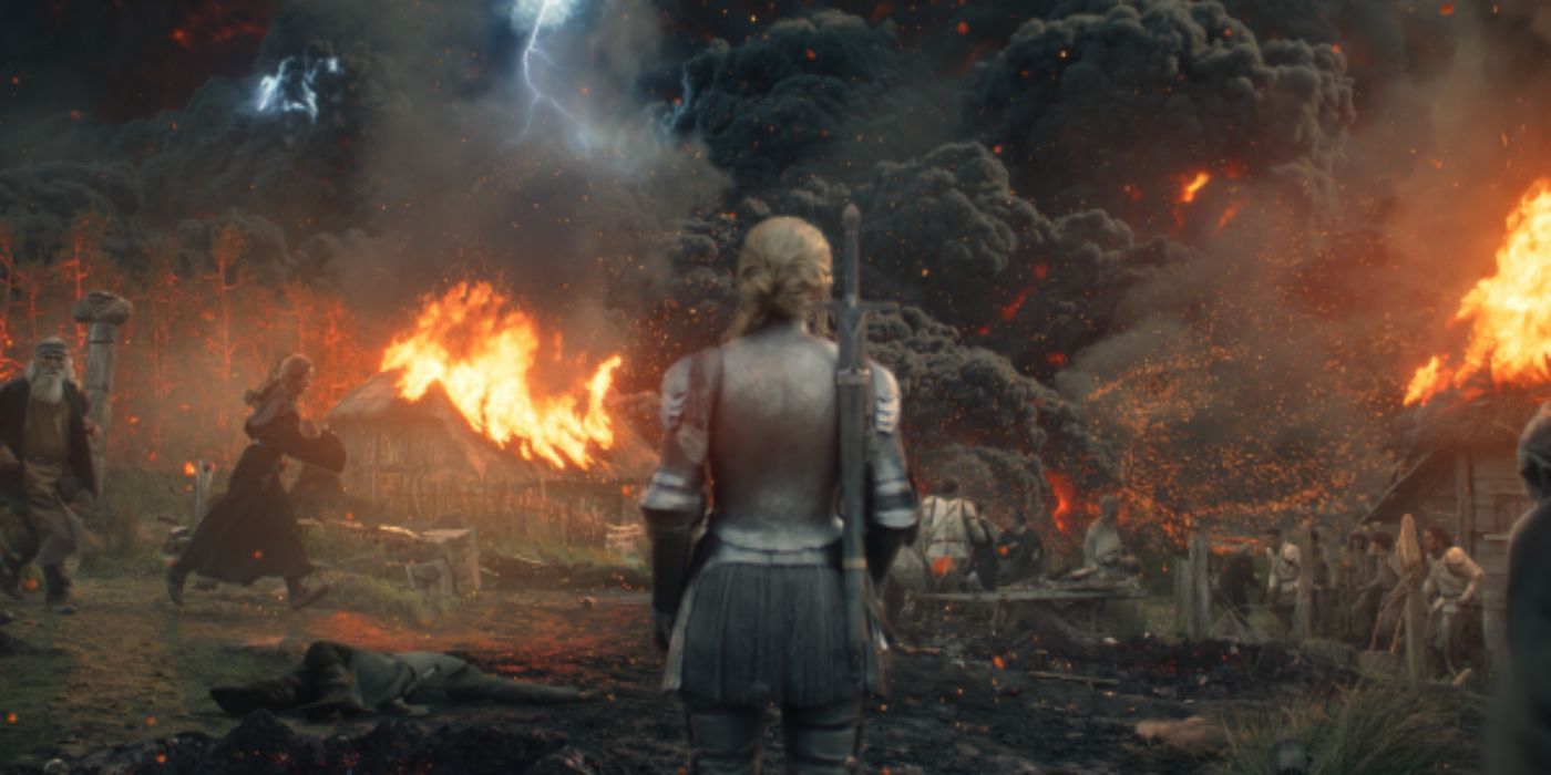 Galadriel, played by Morfydd Clark, in front of Mount Doom in 'Lord of the Rings: Rings of Power' Episode 6.