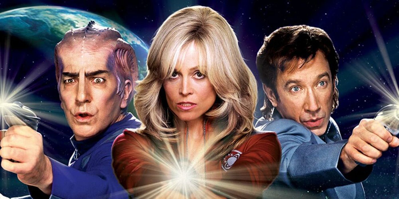 Alan Rickman, Sigourney Weaver, and Tim Allen in character, holding weapons, on the poster for Galaxy Quest