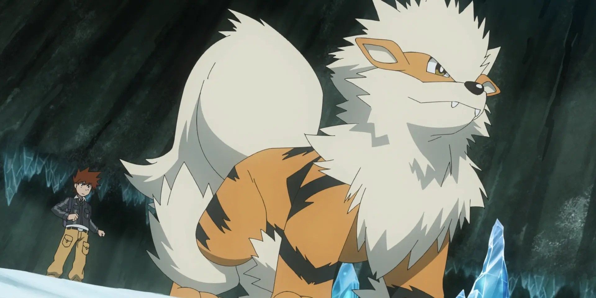 En la serie animada Pokémon, el rudo y orgulloso Arcanine se encuentra ante su entrenador Gary Oak en una cueva oscura llena de cristales.