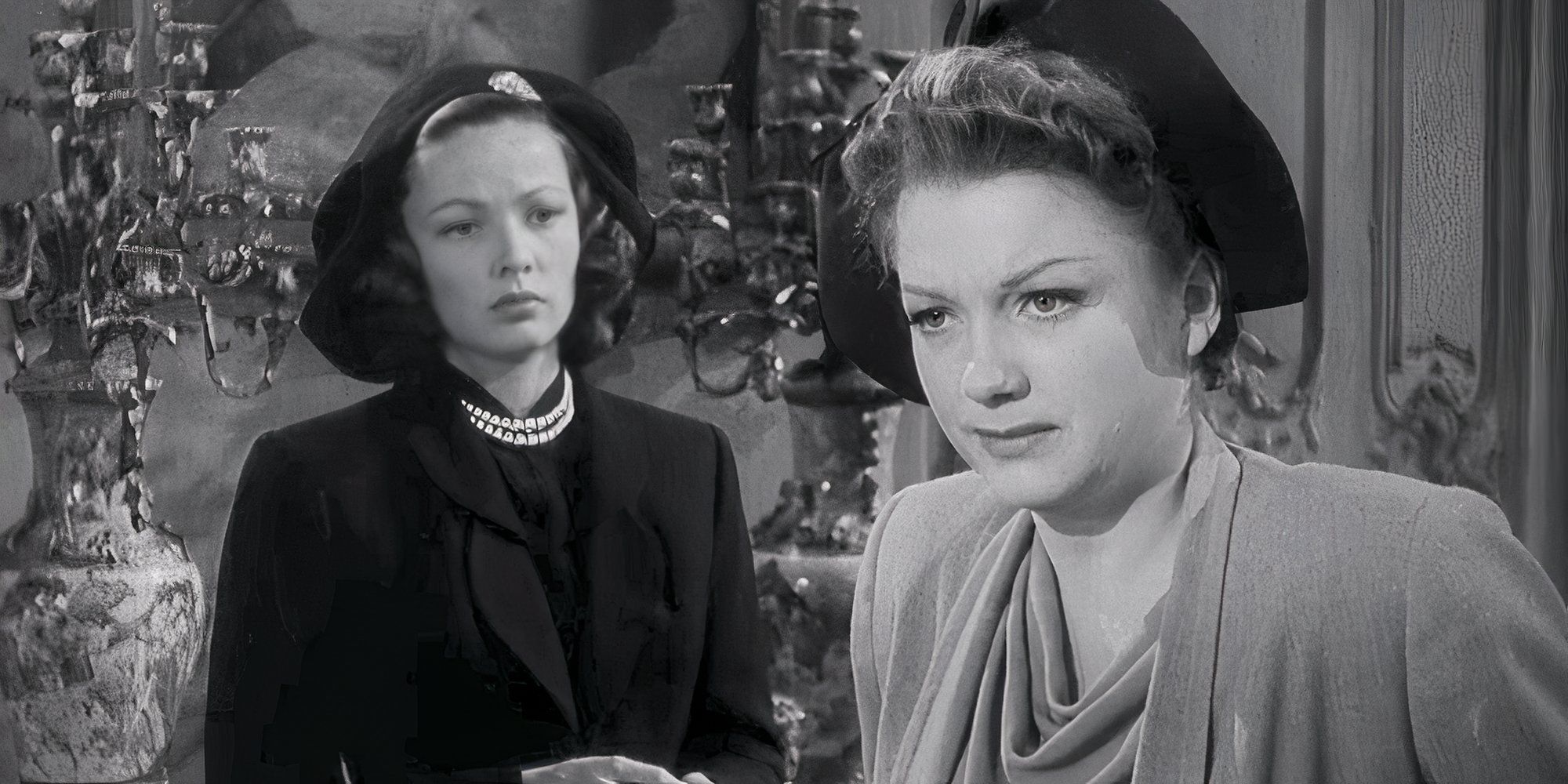 Gene Tierney standing behind Anne Baxter looking at her in The Razor&rsquo;s Edge (1946)
