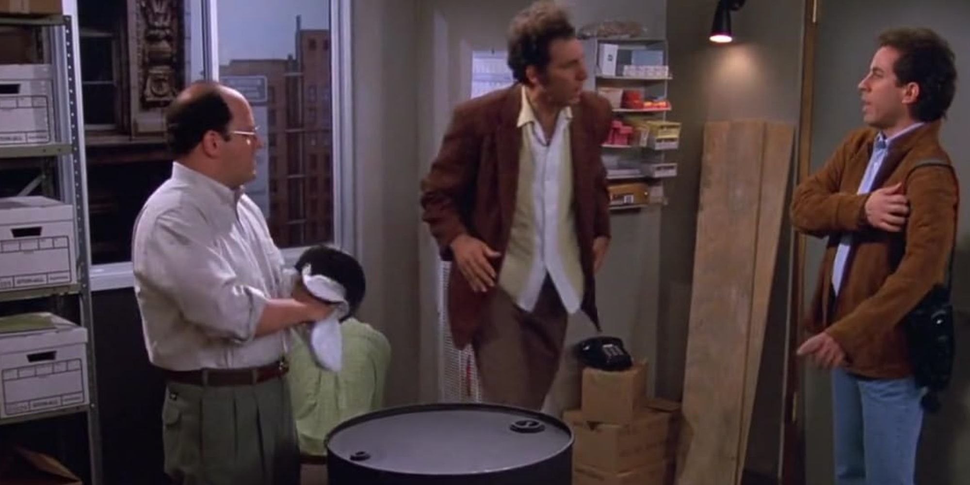 George, Kramer, and Jerry standing in &lsquo;Seinfeld&rsquo;