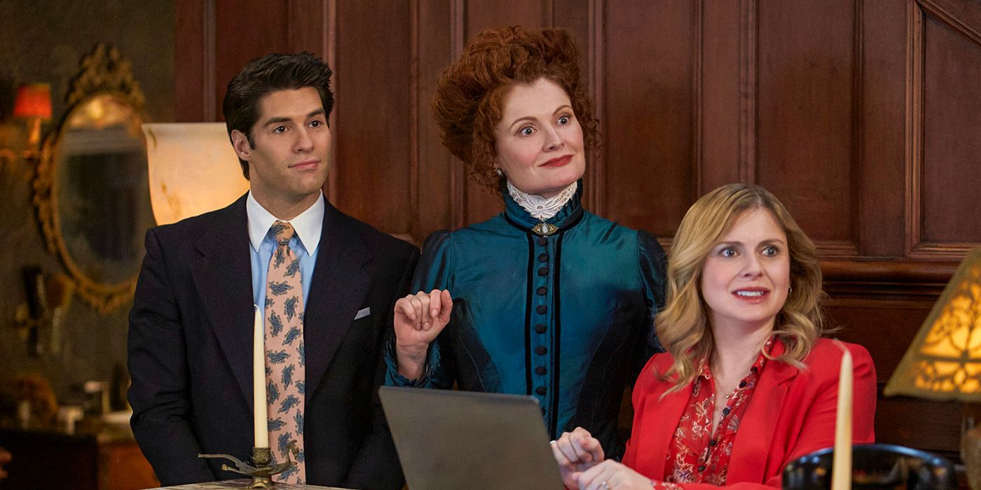 Asher Grodman, Rebecca Wisocky, and Rose McIver at the front desk in Ghosts