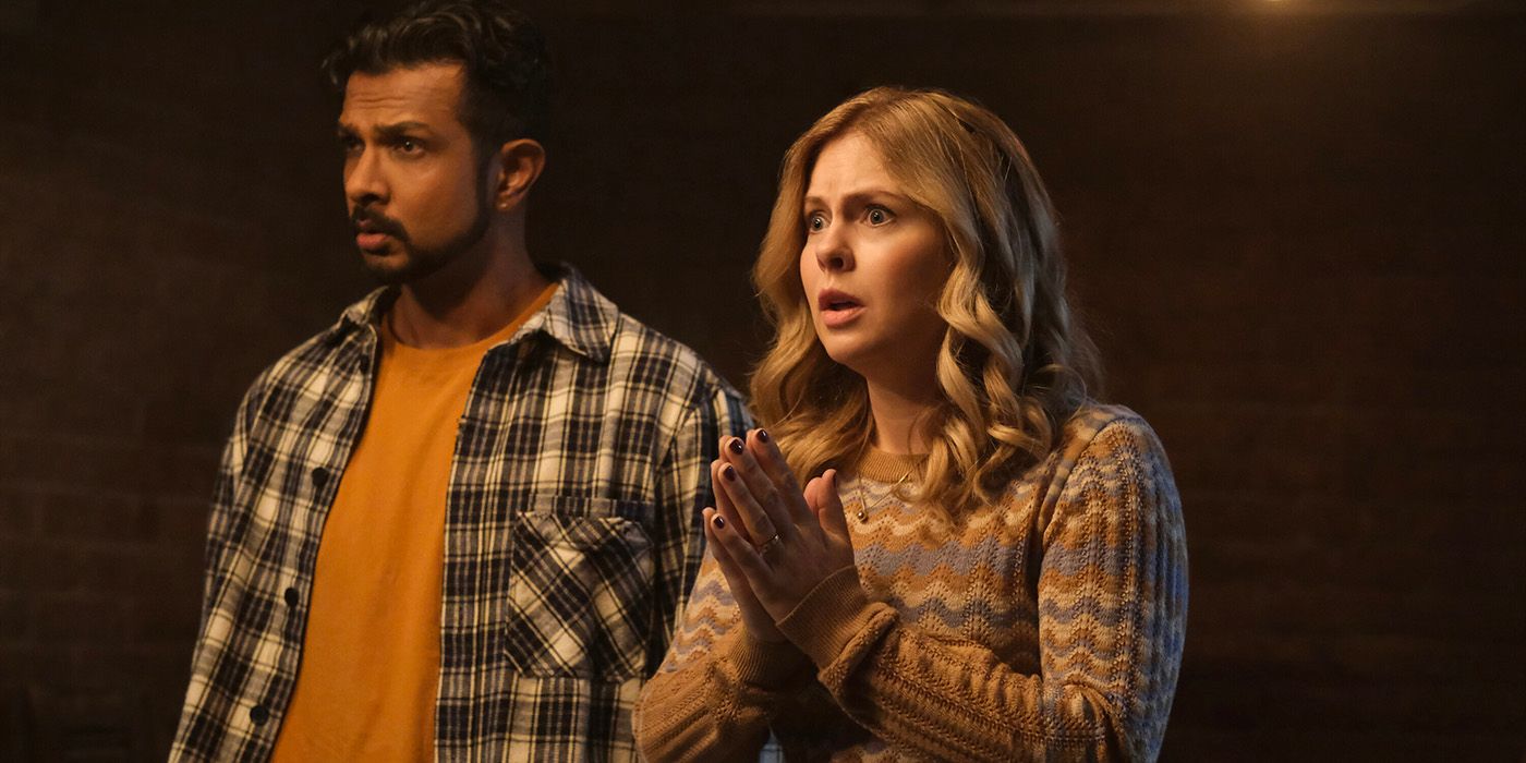 Jay (Utkarsh Ambudkar) and Sam (Rose McIver) stand in shock in Season 4 of 'Ghosts.'