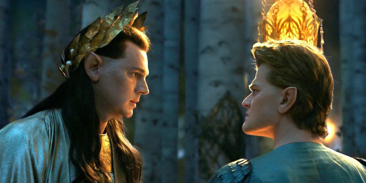 Gil-galad, played by Ben Walker, talking to Elrond, played by Robert Aramayo, in &lsquo;Lord of the Rings: Rings of Power&rsquo; Season 1, Episode 5.
